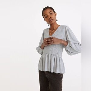 Madewell Lucie V-Neck Smocked Peplum Top in Wool Gauze in Grey